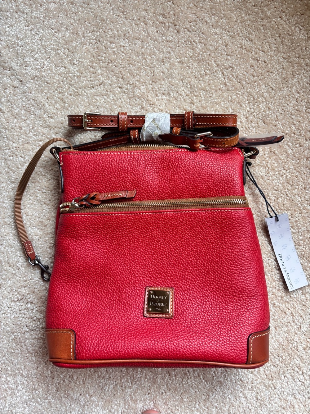 Dooney & Bourke Red Leather Crossbody with Brown Trim